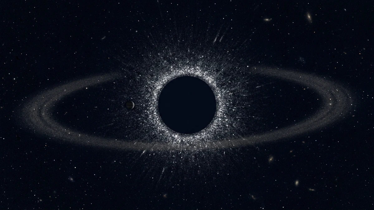 Simulated view of a faint Jupiter-like planet next to a masked star with a dark region where starlight has been removed