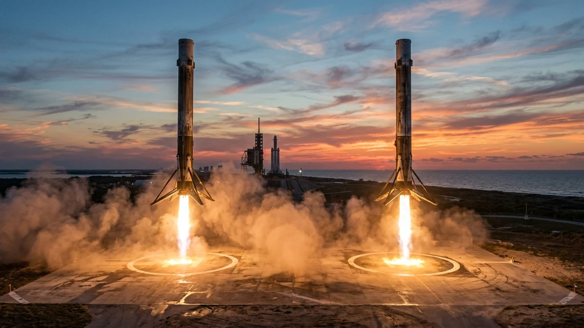 Two SpaceX Falcon Heavy side boosters landing side by side at Cape Canaveral with landing burns firing