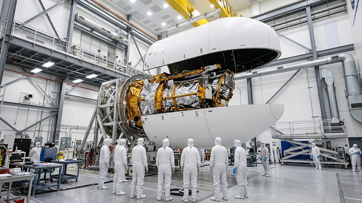 The Roman Space Telescope being sealed inside the SpaceX Falcon Heavy payload fairing in a cleanroom at Kennedy Space Center