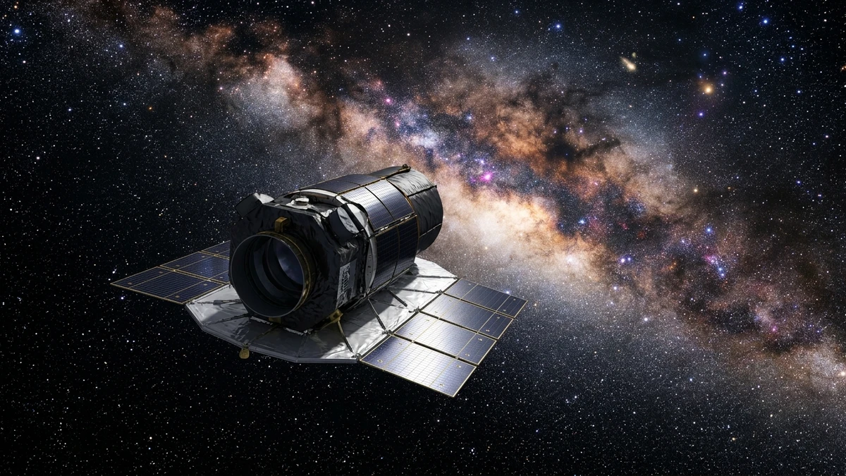 Artist's impression of the Roman Space Telescope surveying a wide starfield filled with galaxies from deep space
