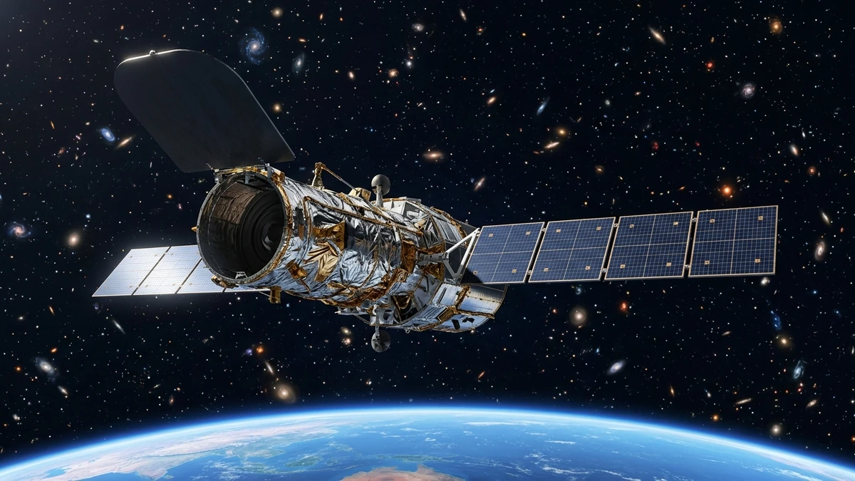 A wide-field space telescope in orbit above Earth with a broad swathe of galaxies visible beyond it