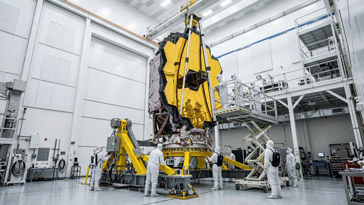 The fully assembled Roman Space Telescope in NASA's clean room at Goddard Space Flight Center