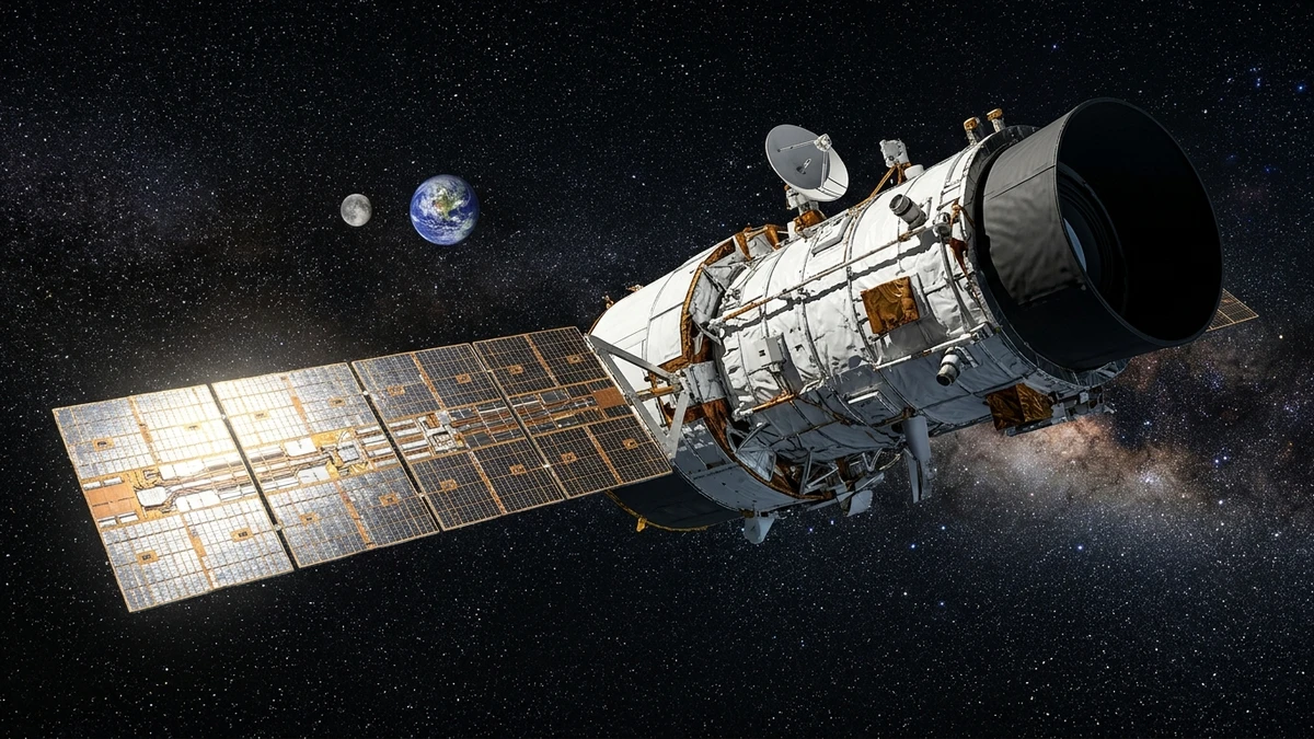 The Roman Space Telescope in deep space with its solar array catching sunlight and a distant Earth behind it