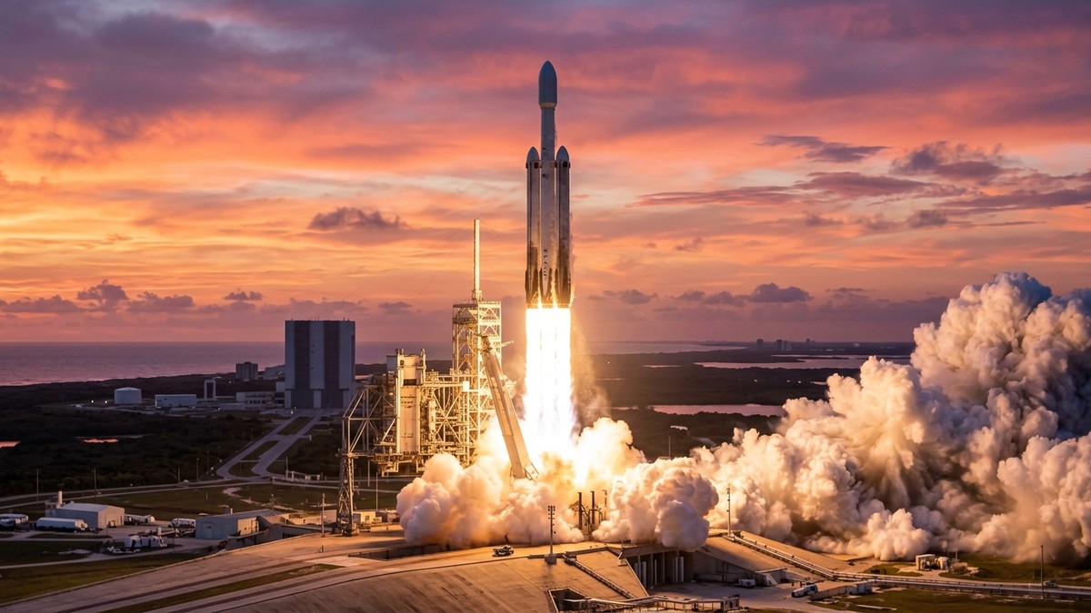 SpaceX Falcon Heavy rocket launching against a blue sky