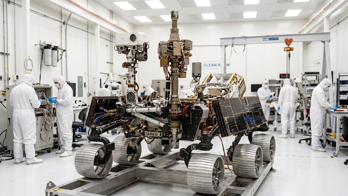 Rosalind Franklin rover design illustration showing the drill system and solar panels