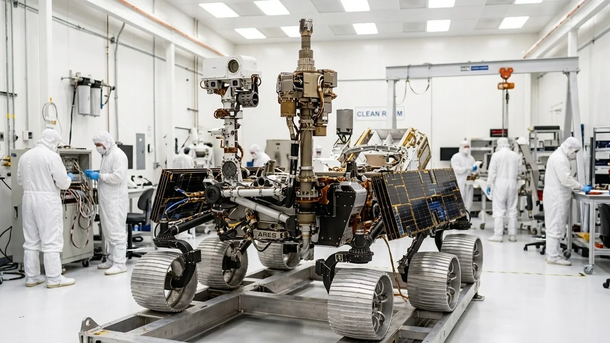Rosalind Franklin rover design illustration showing the drill system and solar panels