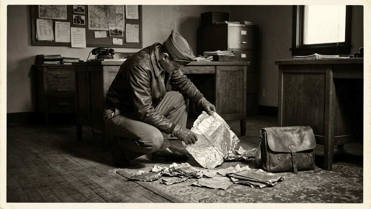 Military intelligence officer examining metallic foil debris in 1947, similar to what was described at Roswell