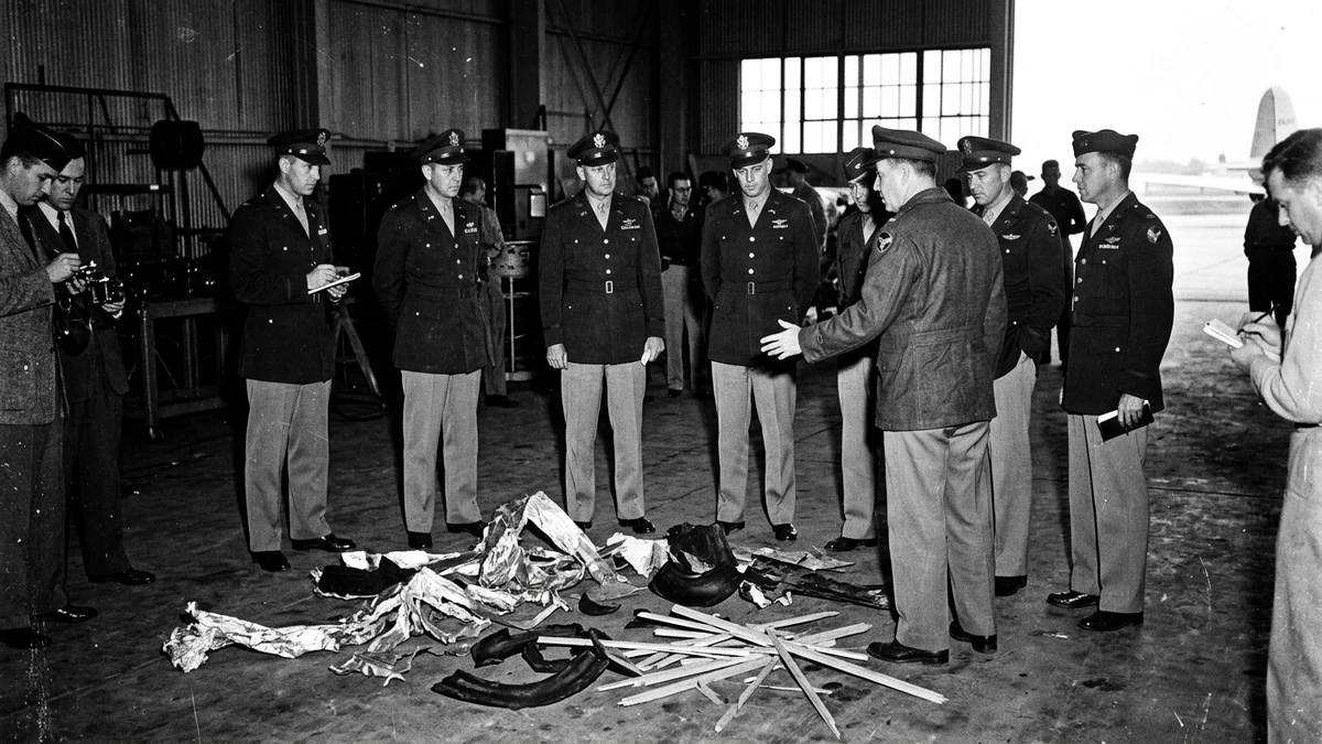 1947-style military press conference with debris displayed to journalists at Fort Worth Army Air Field