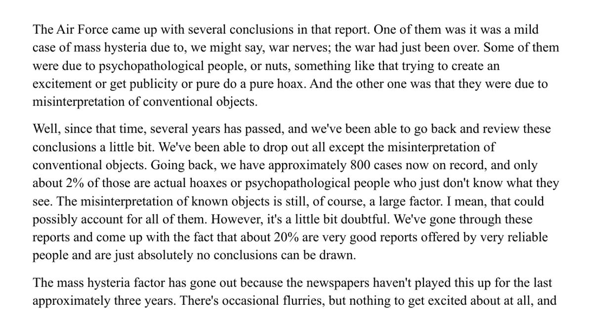 Page 2 of the Ruppelt transcript: the 1949 report's conclusions of mass hysteria, hoaxes and misinterpretation, then about 800 cases on record with about 20% very good reports where no conclusions can be drawn