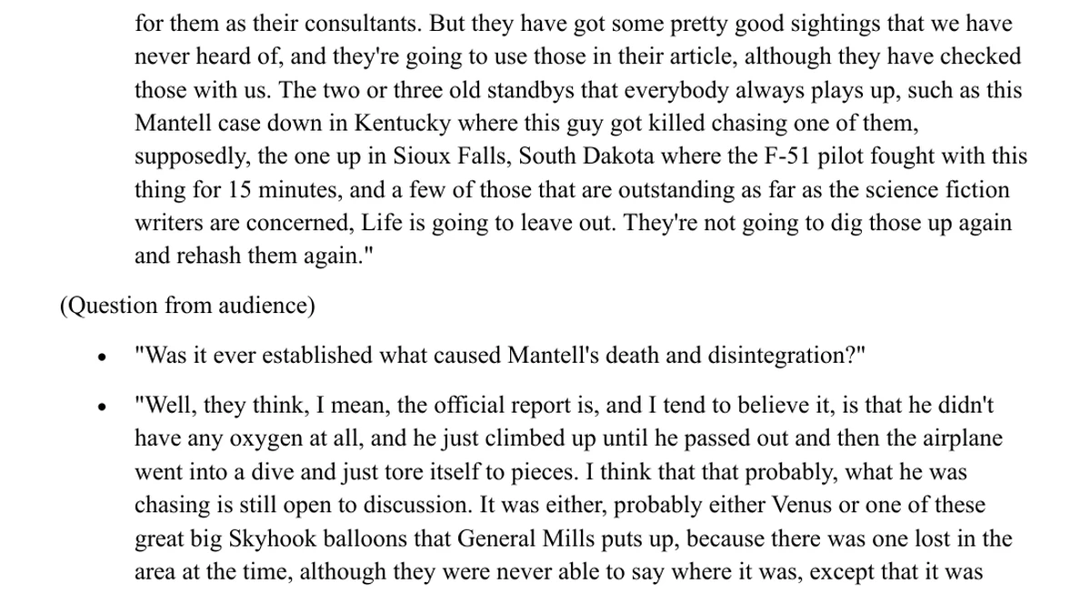 Page 17 of the Ruppelt transcript saying Life would leave out the Mantell and Sioux Falls cases, then the question about Mantell's death and Ruppelt's answer that it was probably Venus or a Skyhook balloon
