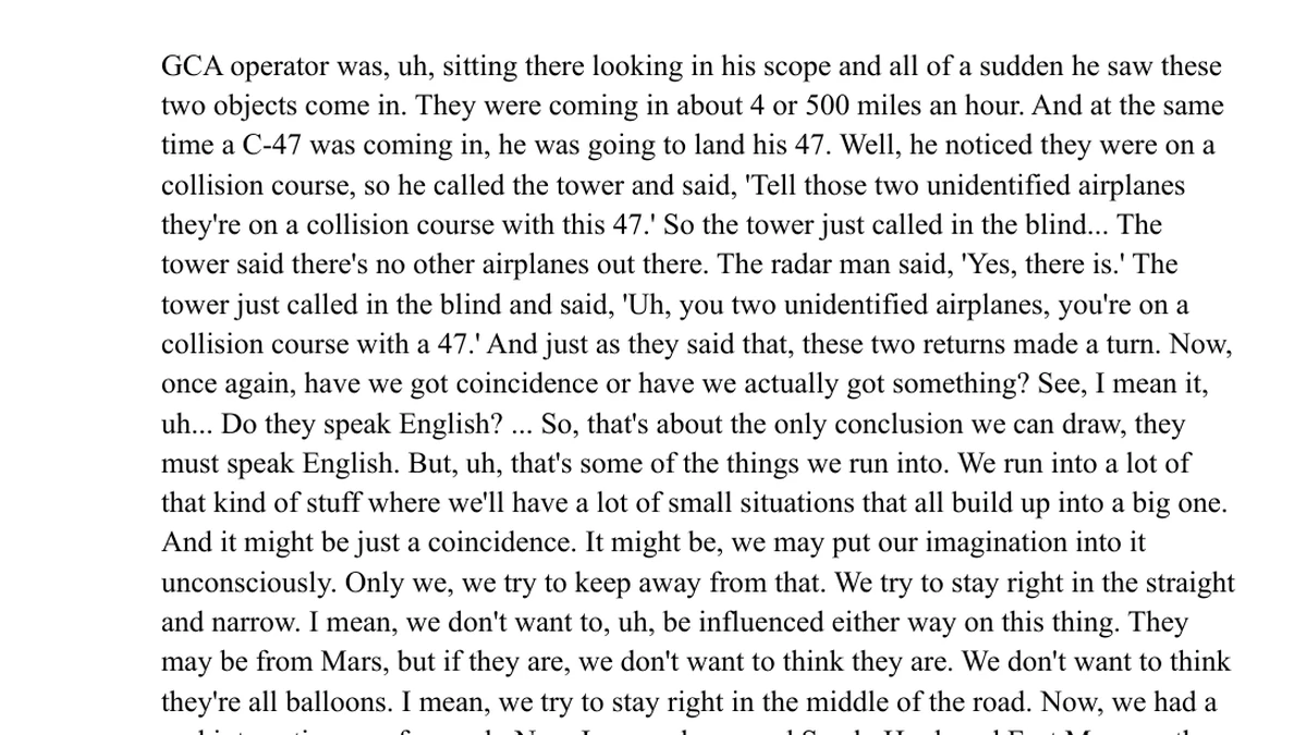 Page 14 of the Ruppelt transcript describing the GCA radar case, the two returns turning as the tower radioed a warning, and the line they must speak English, followed by the middle of the road quote