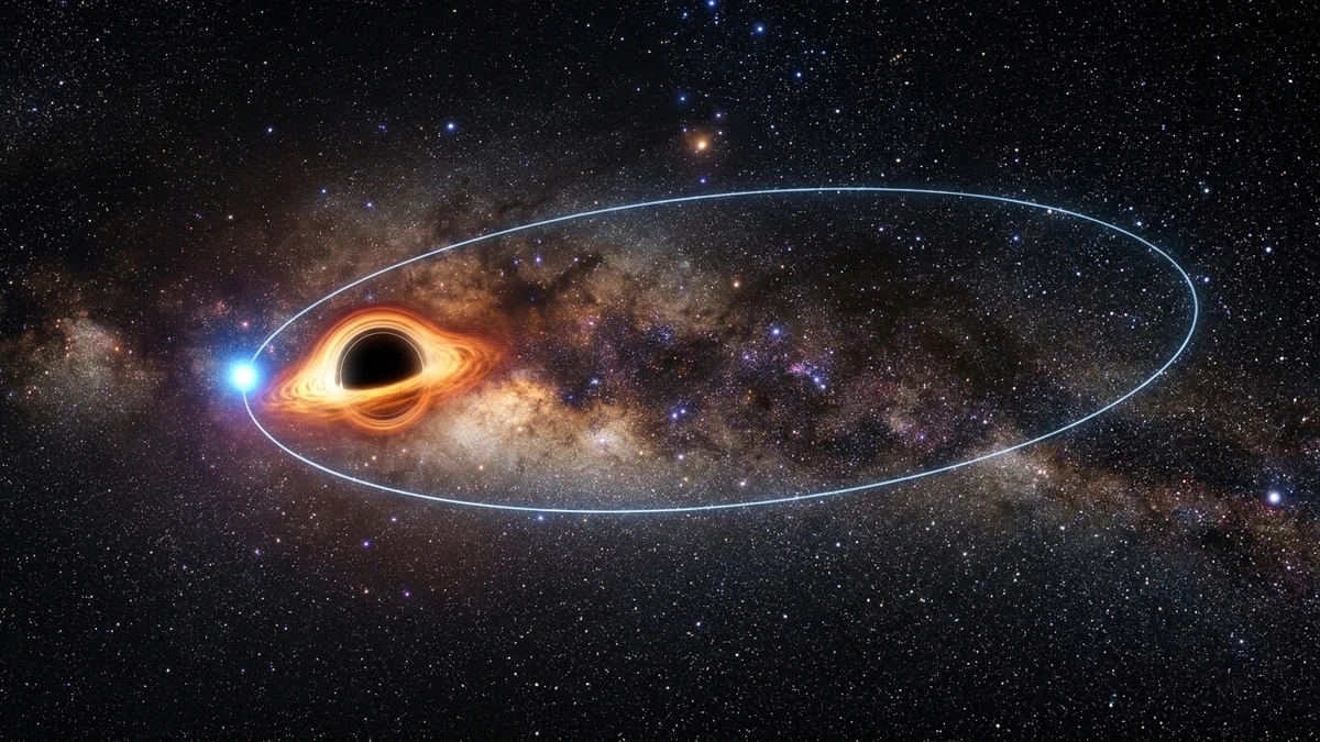 A small bright blue star on a long thin elliptical orbit around a supermassive black hole, against dense galactic-centre star fields