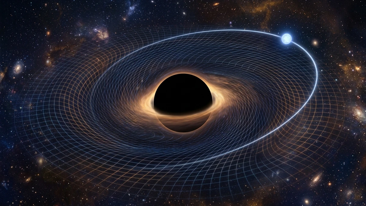 A rotating black hole twisting a glowing grid of spacetime into a spiral around itself, with a small blue star orbiting nearby