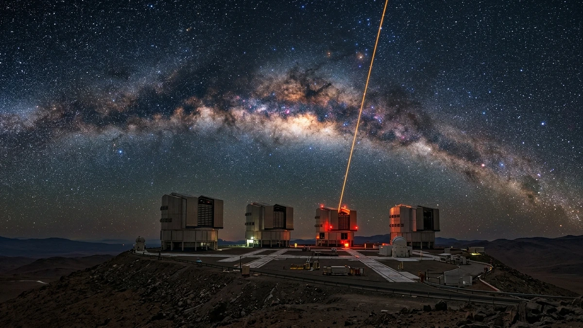 The four Unit Telescopes of the Very Large Telescope under the arching Milky Way at night, with a laser beam pointing at the bright galactic centre