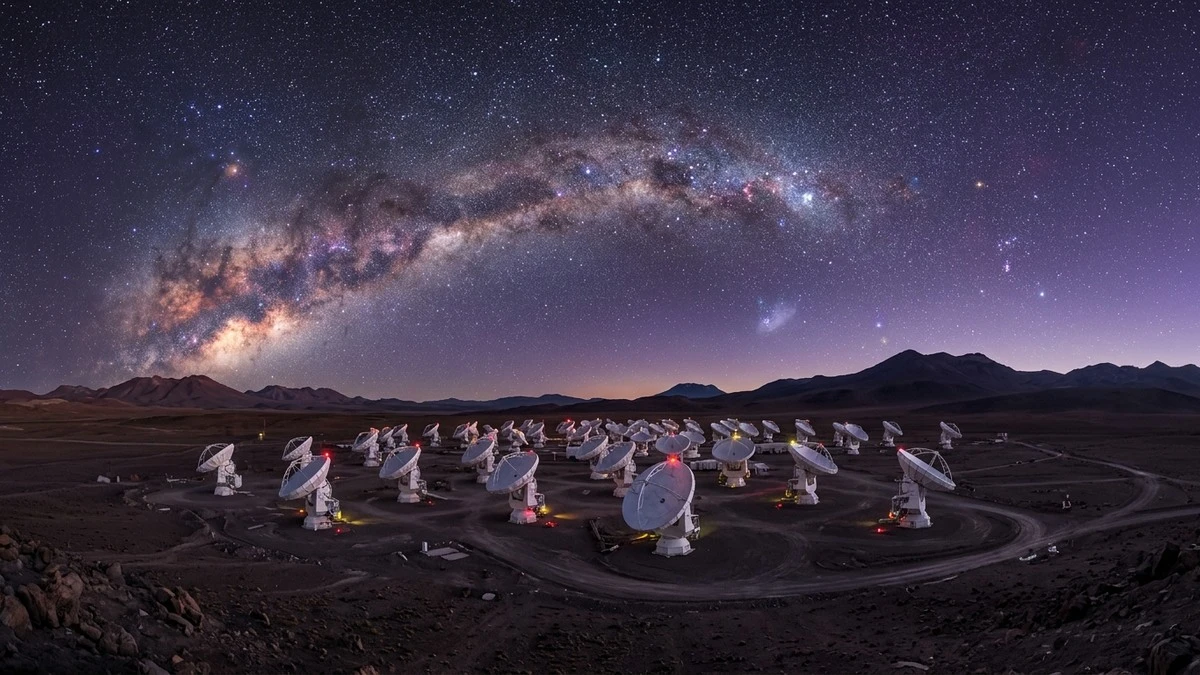 The ALMA radio telescope array in the Atacama Desert of Chile, dishes pointed at the Milky Way in the night sky