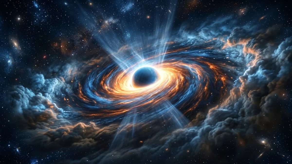 Illustration of a supermassive black hole with an accretion disk and wind blowing outward in a cone shape, pushing away glowing cold gas clouds