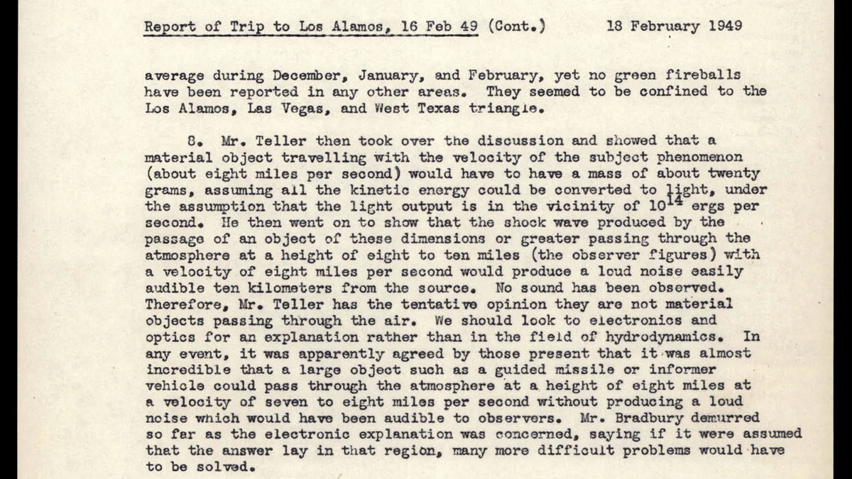 Paragraph 8 of the 18 February 1949 Los Alamos trip report, describing Edward Teller's calculation that the green fireballs could not be material objects