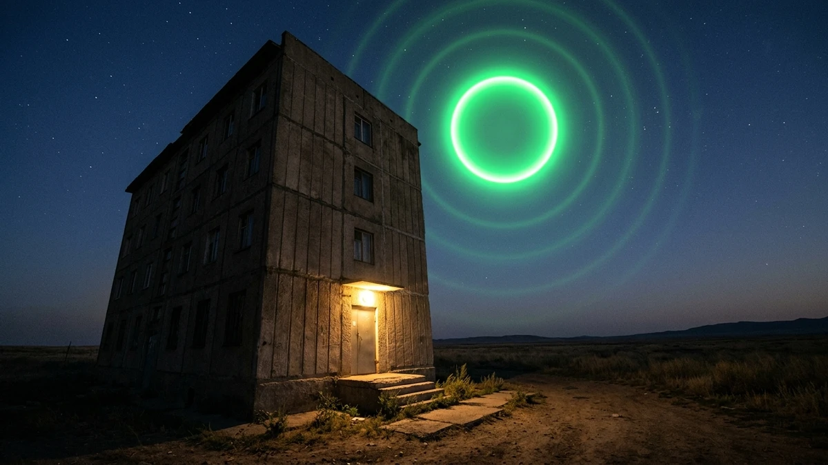 Artist's impression of green concentric circles forming around a bright green object in the twilight sky over the Kazakh steppe