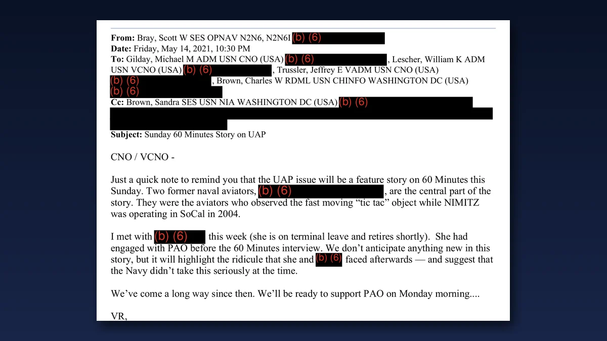 Email from Scott Bray to the Chief of Naval Operations on 14 May 2021 about a 60 Minutes story on UAP, saying it will highlight the ridicule the Nimitz pilots faced and that 'We've come a long way since then'