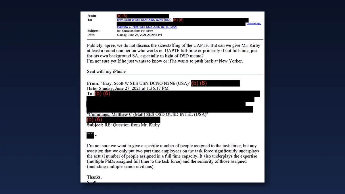 Email from Scott Bray on 27 June 2021 saying the claim that only two part-time employees worked on the UAP Task Force significantly underplays the number assigned full time, which included multiple PhDs and senior civilians