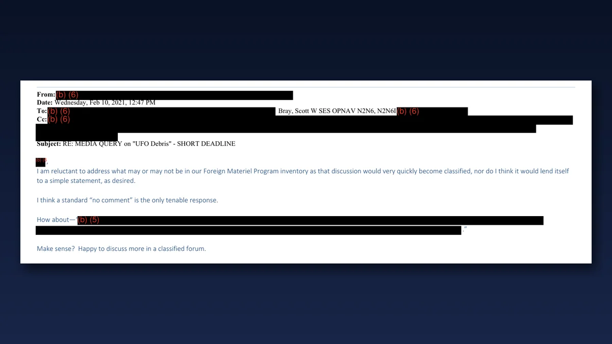 Redacted US Navy email from 10 February 2021, subject 'MEDIA QUERY on UFO Debris', in which an official says he is reluctant to address what may be in the Foreign Materiel Program inventory and that a standard no comment is the only tenable response