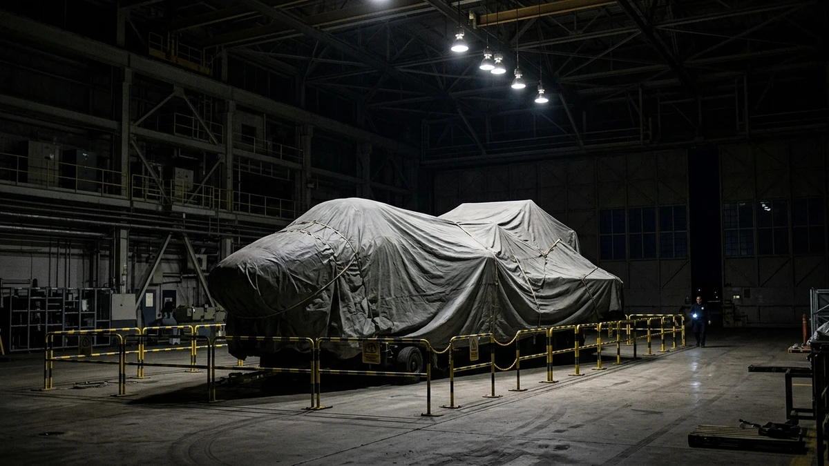 A vast aerospace hangar at night with a shrouded shape under tarpaulin lit by overhead lamps