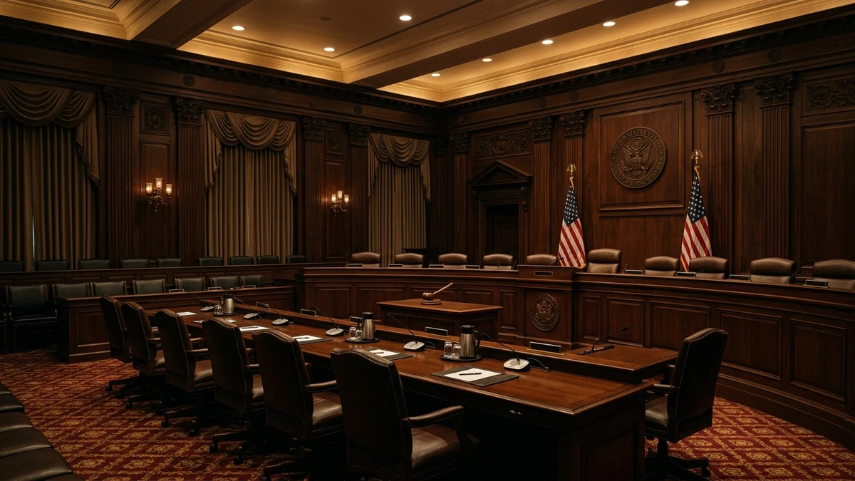 A closed congressional hearing room with an empty witness table, microphones and dark wood panelling