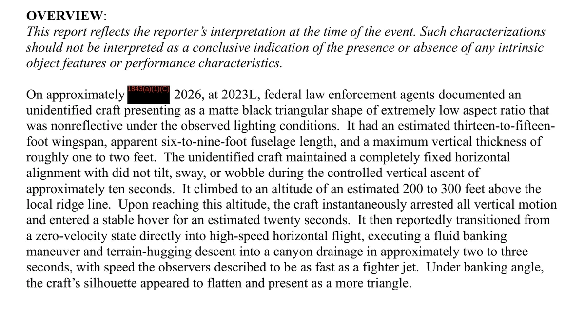 Typed page from the AARO memorandum for record describing a matte black triangular craft with a thirteen-to-fifteen-foot wingspan, with the date redacted