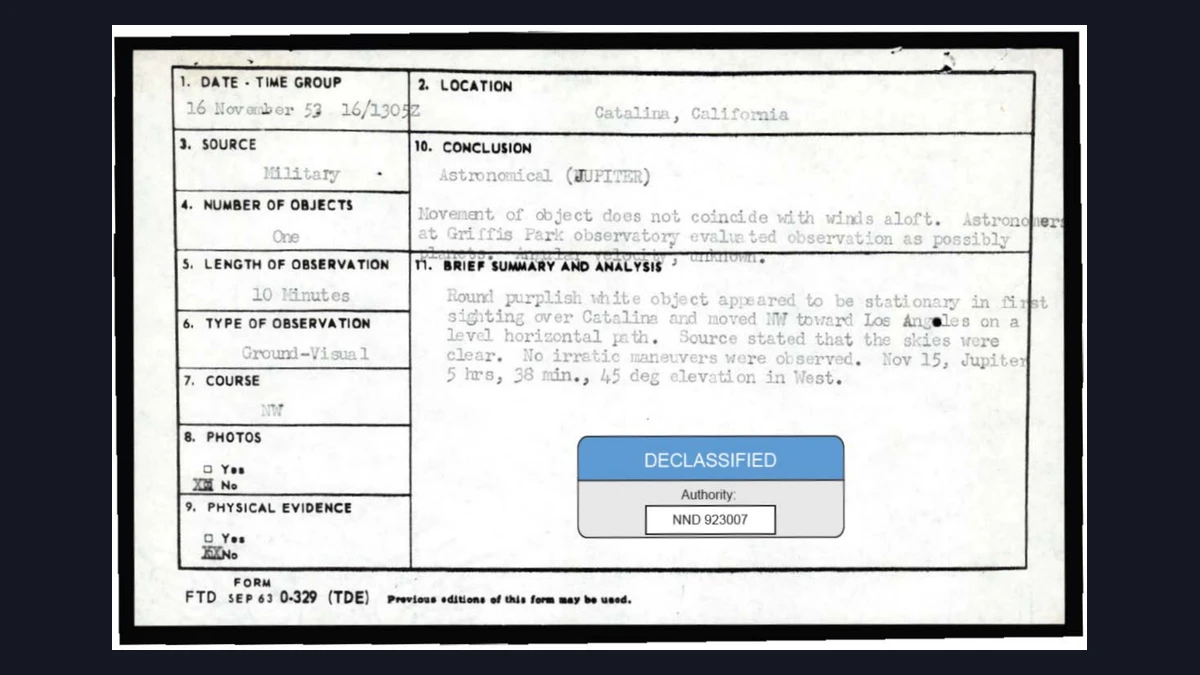 A typed 1953 US Air Force record card for a Catalina, California sighting with the conclusion Astronomical (JUPITER)