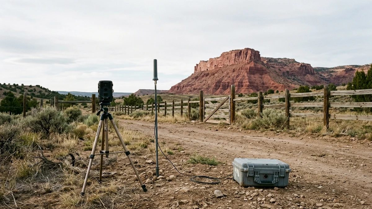 A trail camera on a tripod and a small antenna mast beside an equipment case on a dirt track at a fenced ranch, with a red sandstone mesa behind