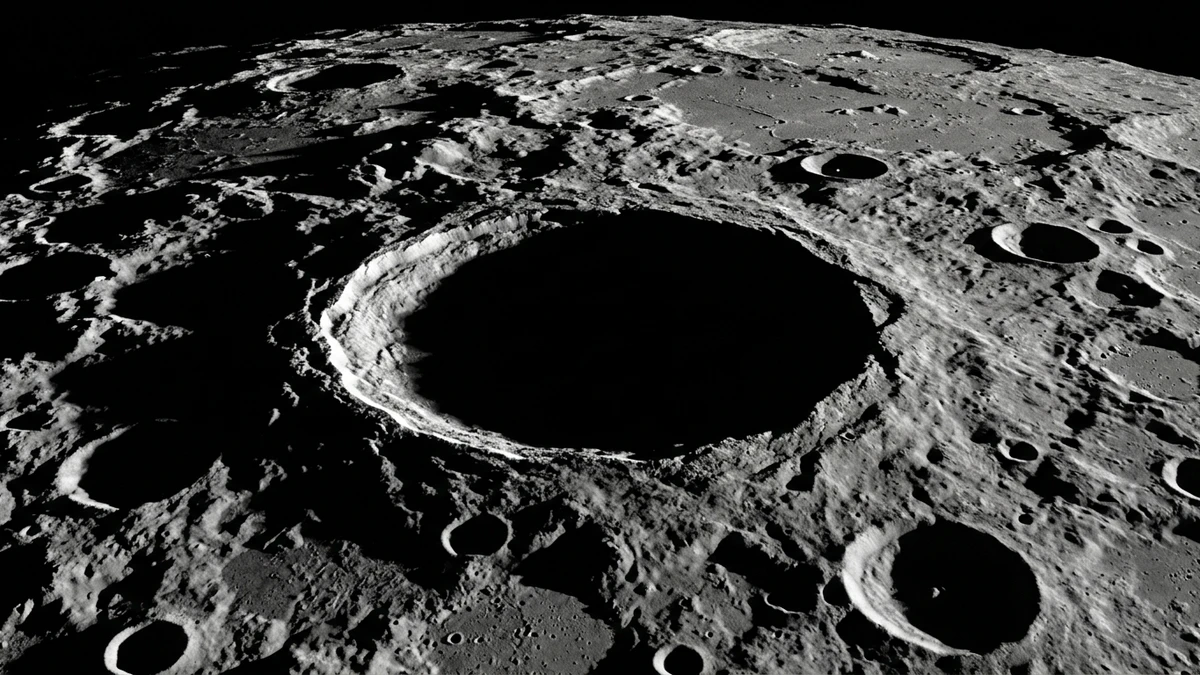 The cratered lunar south pole seen from orbit with long black shadows and a bright crater rim catching low sunlight