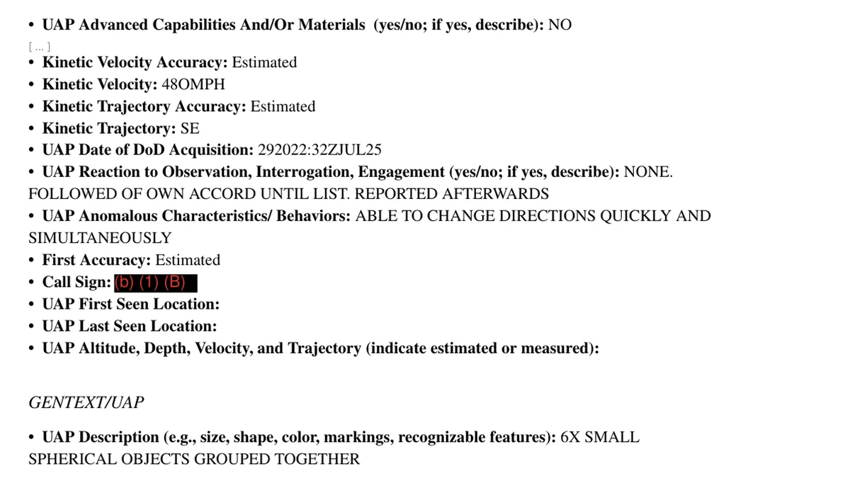 Part of the declassified mission report DOW-UAP-D108 showing 'UAP Advanced Capabilities And/Or Materials: NO', an estimated velocity of 480 mph heading south-east, and the description '6X small spherical objects grouped together'