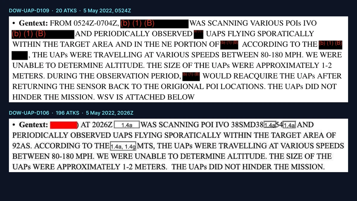 The observation paragraphs from mission reports DOW-UAP-D109 and D106, both dated 5 May 2022, shown one above the other with the same phrases about speeds of 80 to 180 mph and a size of 1 to 2 metres