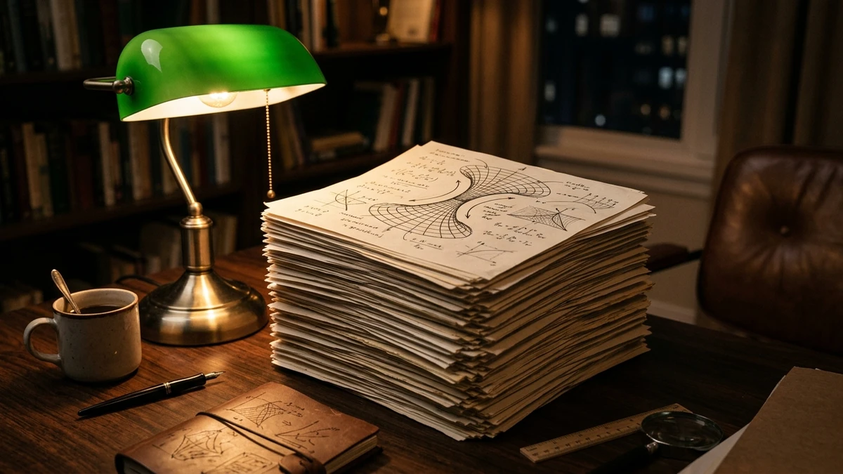 A stack of technical research papers with diagrams of spacetime curvature, on a desk under a reading lamp