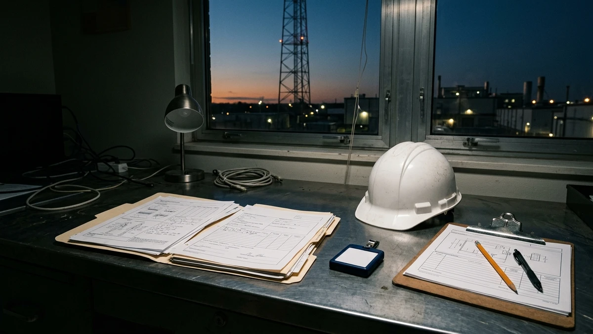 A medical case file open on a desk beside a radiation dosimeter badge, a hard hat and an engineer's clipboard