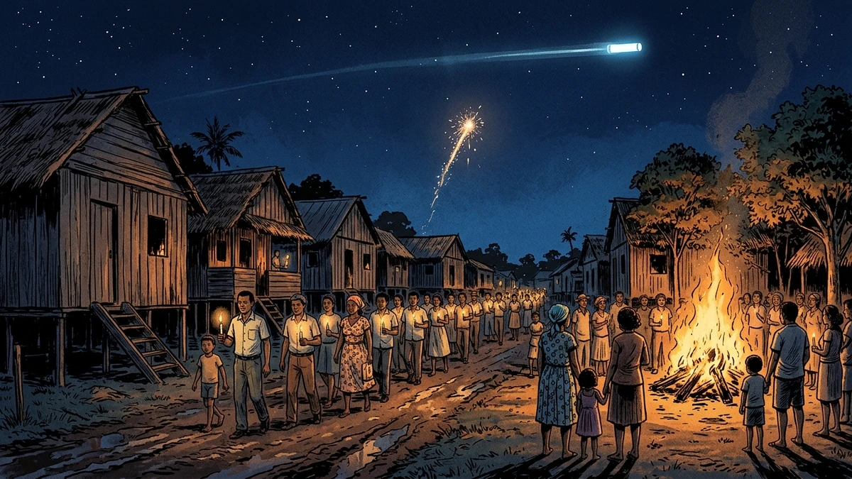 Villagers holding a night procession along an Amazon riverside street, bonfires burning, while a bright light crosses the sky above the rooftops