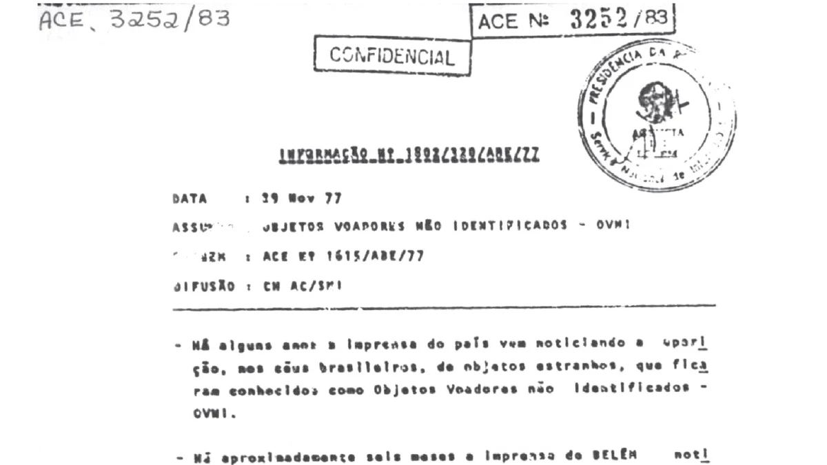 Header of the first page of SNI report Informação 1802/320/ABE/77, showing the CONFIDENCIAL stamp, the ACE 3252/83 archive reference and the typed reference block dated 29 November 1977