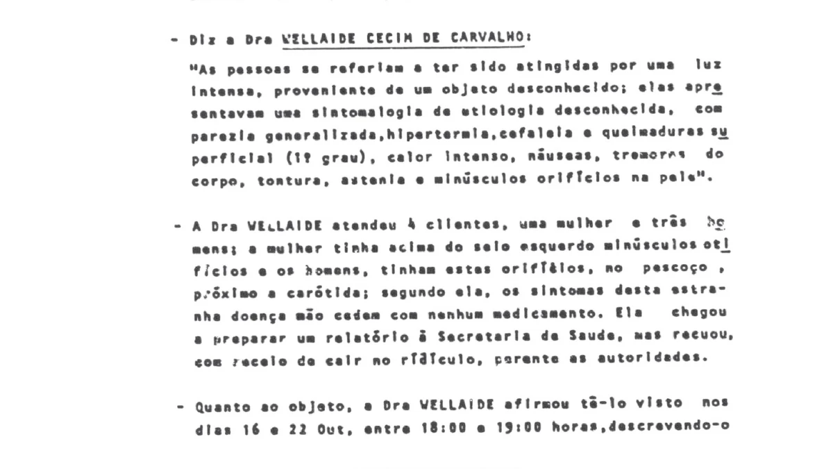 Typed page three of the SNI report with the underlined name of Dra Wellaide Cecim de Carvalho and her quoted description of patients' symptoms in Portuguese
