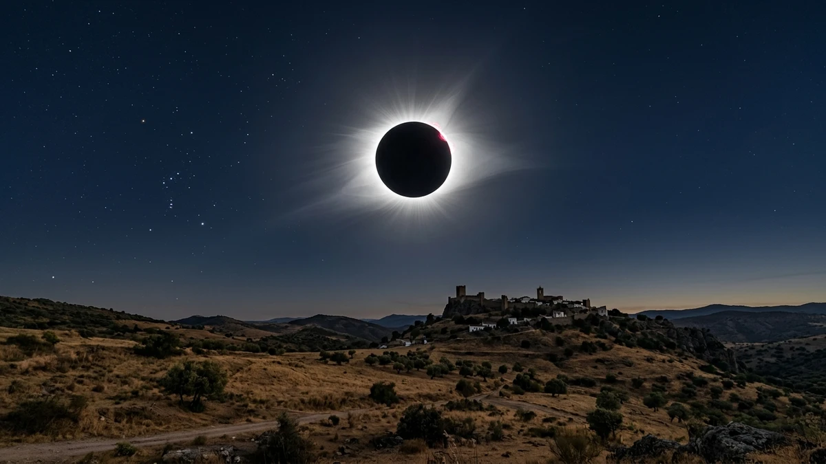 A total solar eclipse with the sun's corona visible around the black disc of the moon over a dry Spanish landscape