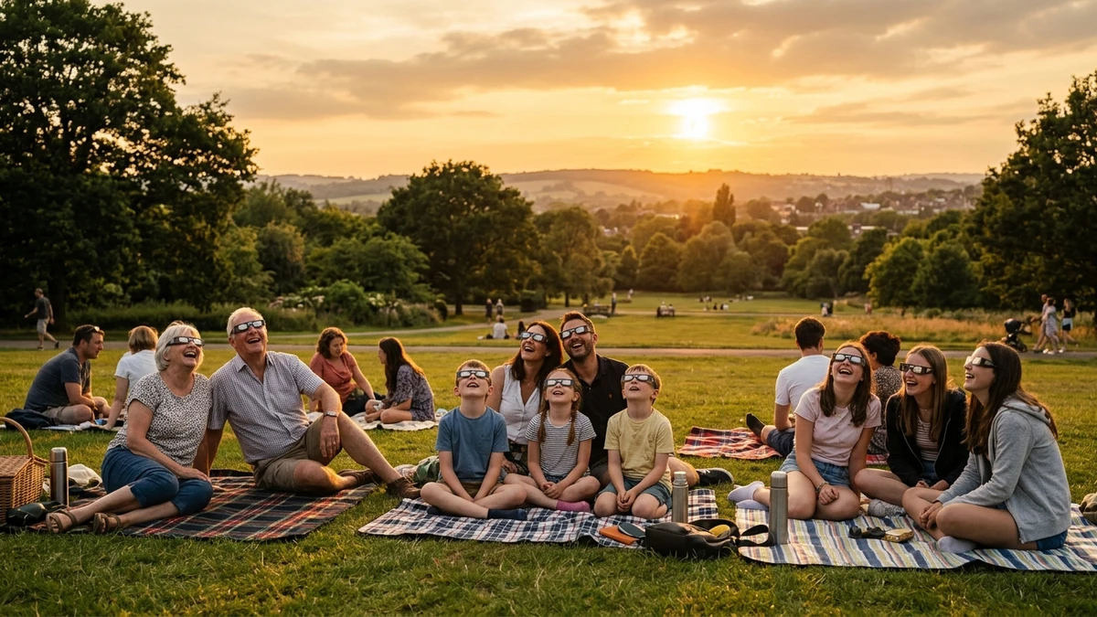 People in a park at golden hour wearing paper eclipse glasses looking up at the partially eclipsed sun