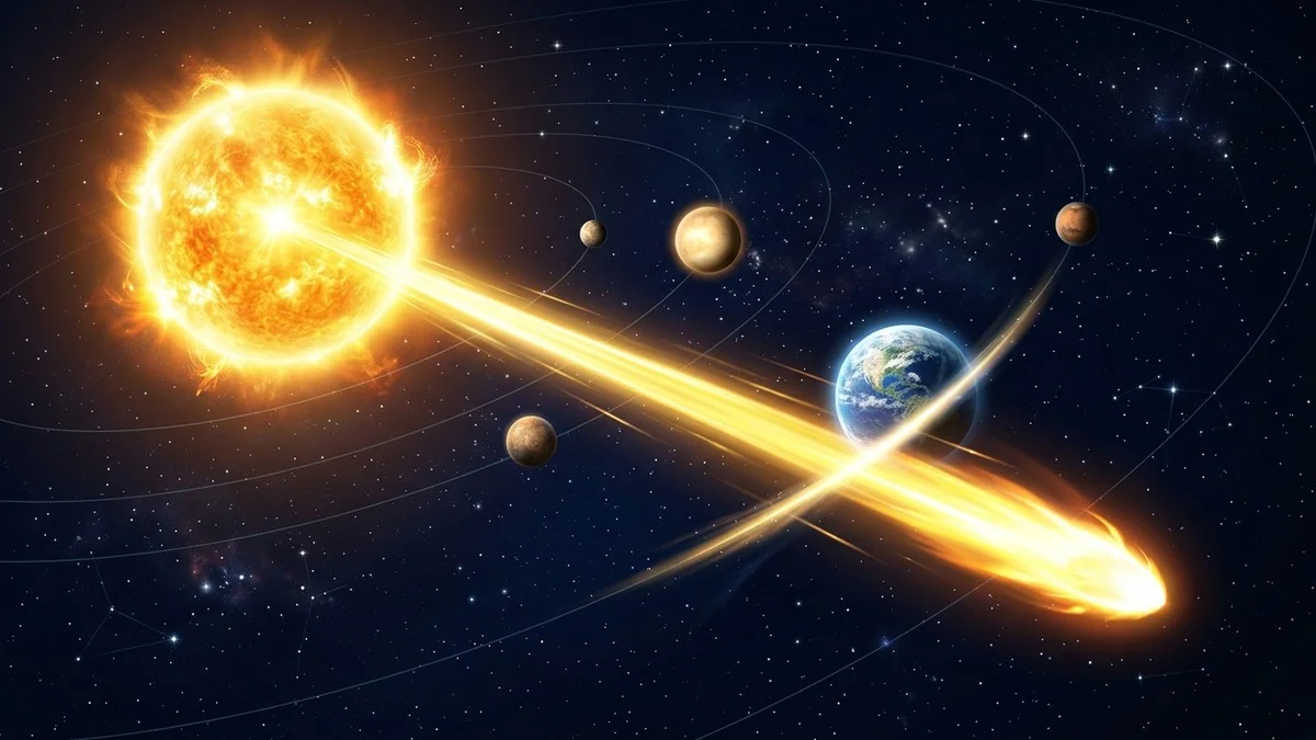Speed of light animation showing a photon travelling from the Sun through the inner solar system