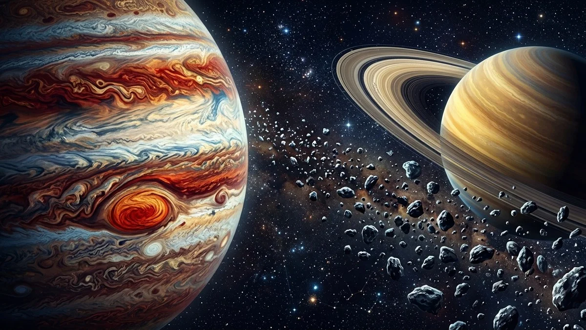 Jupiter, Saturn and the asteroid belt in the Interactive Solar System Explorer