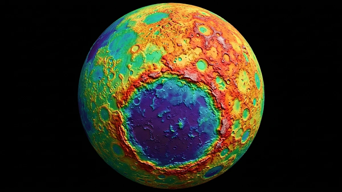 Topographic map of the Moon's far side showing the vast blue South Pole-Aitken basin against higher red and orange terrain