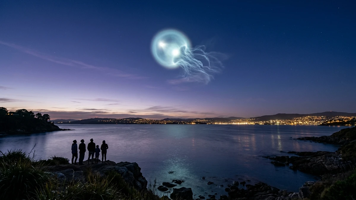 A glowing jellyfish-shaped light from a rocket exhaust plume in the twilight sky over a bay