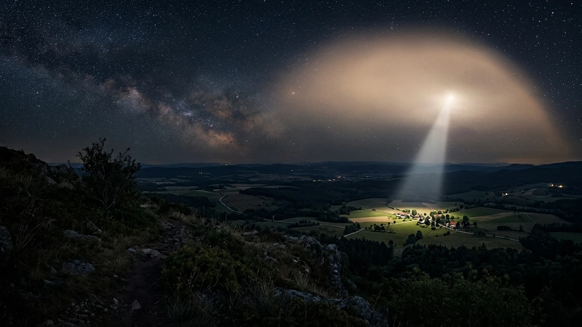 A narrow beam of light from space striking a rural valley at night, surrounded by a wide dome of scattered glow spreading across the surrounding countryside