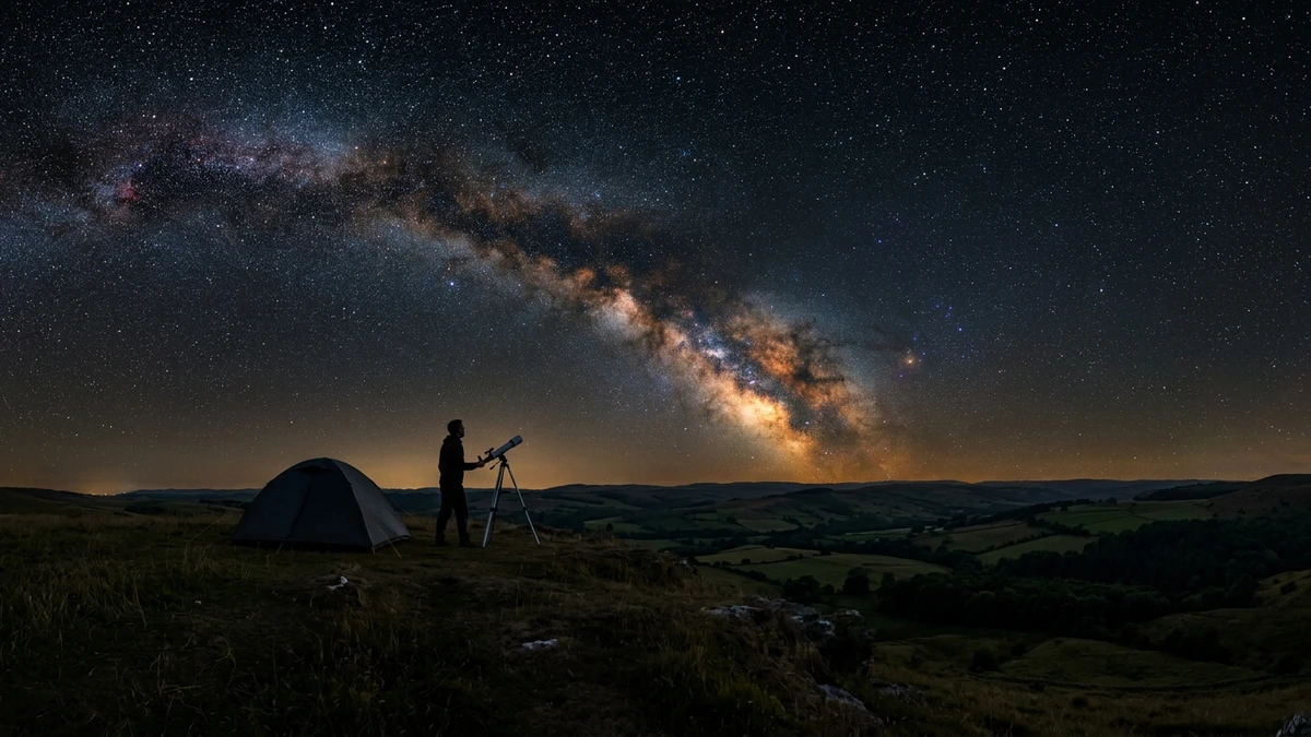 The Milky Way arching over a dark rural landscape in the UK with a lone tent and telescope silhouetted below
