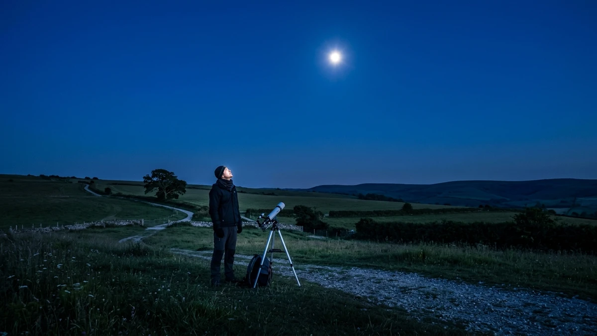 A stargazer standing in open countryside under a sky lit like dusk by an intense point of light overhead, with no stars visible