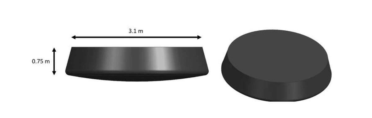 Diagram of Starfall's dimensions: a disc 3.1 metres wide and 0.75 metres tall, shown in side view and top view
