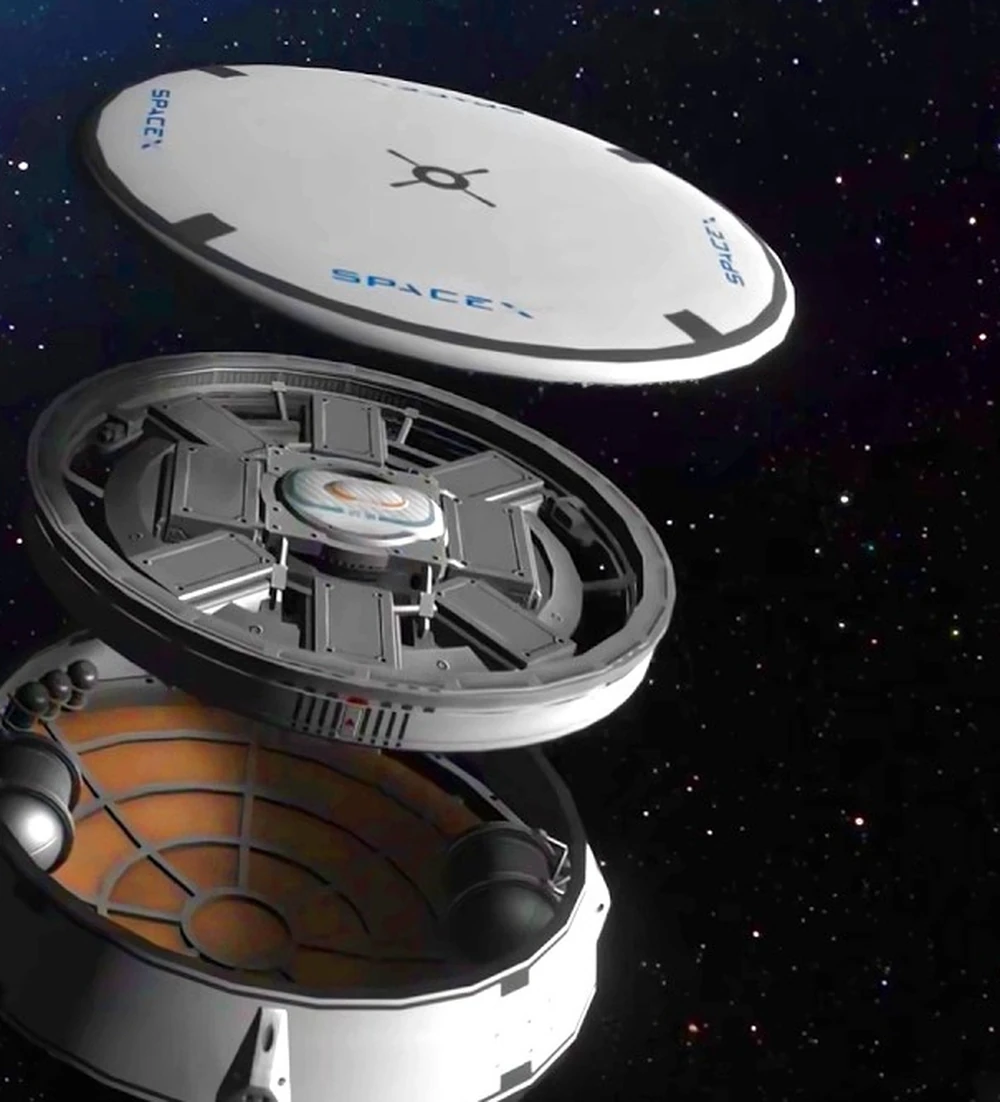 SpaceX exploded view of Starfall showing its three sections: a white SpaceX-branded top deck, an attitude-control bay with nitrogen tanks, and an orange carbon-fibre heat shield