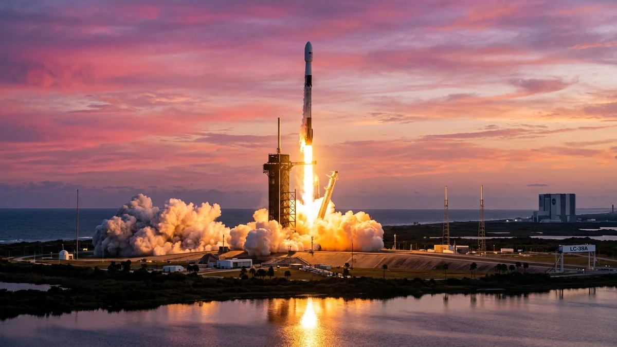 A Falcon 9 rocket lifting off at dawn from Cape Canaveral, trailing a bright plume against a pink sky